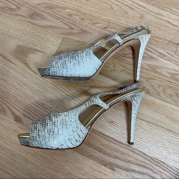 Kate Spade Stiletto Heels Snakeskin Print Sz 10 Peep Toe Cream - Picture 3 of 7